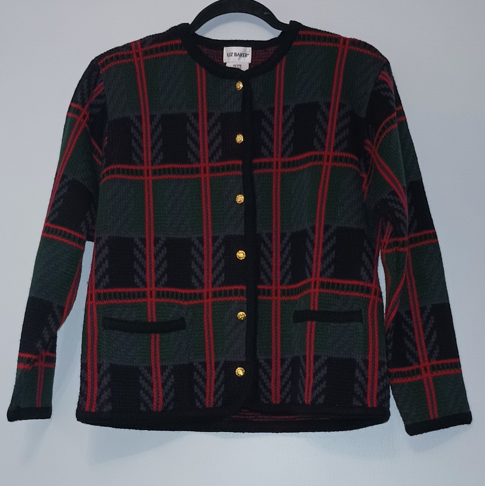 Liz Baker Red and Green Plaid‎ Cardigan S Petite